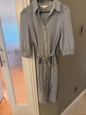 Monteau Los Angeles Blue Stripe Tie Waist Shirt Dress XS